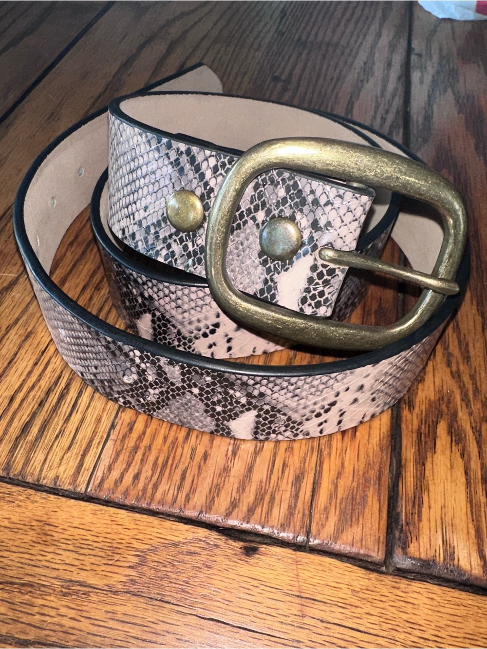 Snake Print Belt with Brass Oval Buckle - Pink & Black